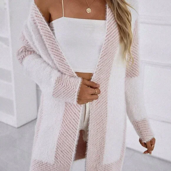 Pink Casual Women's Long Sleeve Solid Color Patchwork Cardigan - Picture 5 of 6